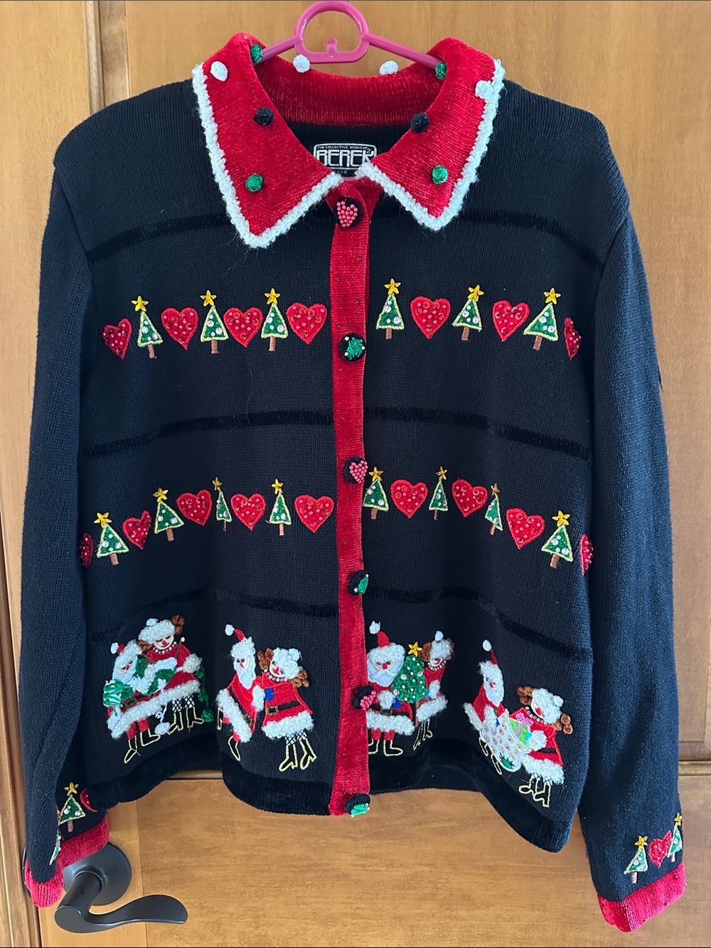 Vintage Berek Christmas Cardigan Sweater Large Black Holiday